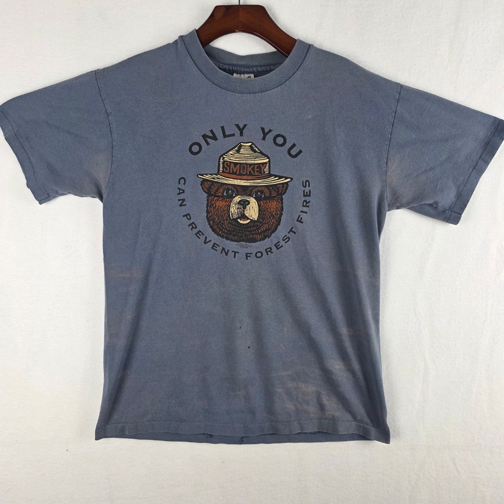 Anvil Vintage Smokey Bear Prevent Wildfires Graphic Blue Cotton T-Shirt Size M
